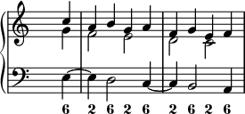 
\new PianoStaff <<
  \new Staff {
\override Staff.TimeSignature.transparent = ##t

     <<
     \new Voice = "first"
       \relative c''
         { \voiceOne \partial 4 c4 a b g a f g e f }
     \new Voice = "second"
       \relative c''
         { \voiceTwo \partial 4 g4 f2 e d c }
     >>
  }
  \new Staff {
\override Staff.TimeSignature.transparent = ##t
    \new Voice = "left" {
      \relative c { \clef "bass" \partial 4 e4 ~ e d2 c4 ~ c b2 a4
      }
    }
  }
  \new FiguredBass {
    \figuremode { \partial 4 <6>4 <2> <6> <2> <6> <2> <6> <2> <6>
    }
  }
>>
