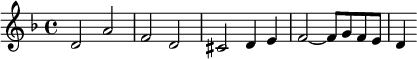 
 \relative c'' {
                \clef treble
                \key d \minor
                \time 4/4
                d,2 a' |
                f d |
                cis d4 e |
                f2~ f8 g f e |
                d4
        }
