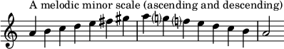  {
\omit Score.TimeSignature \relative c'' {
  \time 7/4 a^"A melodic minor scale (ascending and descending)" b c d e fis gis a g? f? e d c b a2
} }
