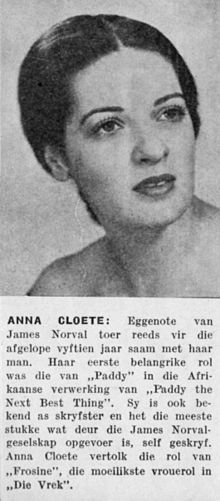 Anna Cloete se kort lewensbeskrywing in die program van die NTO se produksie van Die Vrek van 1951.