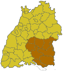 Bản đồ của Baden-Württemberg mầu nâu là vùng hành chính Tübingen