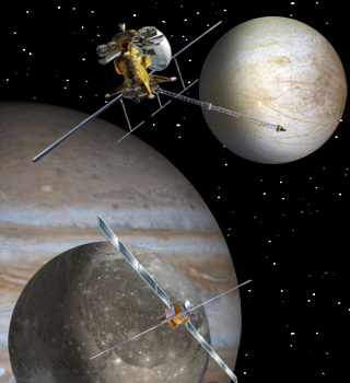 Il·lustració de l'Europa Jupiter System Mission: el Jupiter Europa Orbiter (a dalt) i el Jupiter Ganymede Orbiter (a baix)