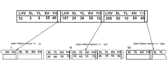 Data rectangles organized in a Hilbert R-tree