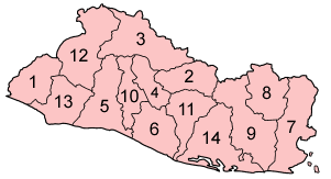 Map o the depairtments o El Salvador in alphabetical order.