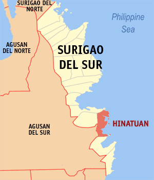 Mapa sa Surigao del Sur nga nagpakita kon asa nahimutang ang Hinatuan