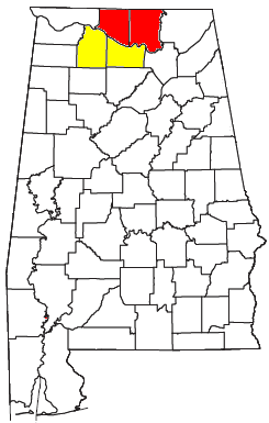 Decatur Metropolitan Statistical Area is shaded in yellow. Decatur MSA is part of the Huntsville-Decatur CSA (shown in yellow and red).