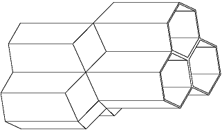 A computer-generated model of two opposing honeycomb layers, showing three cells on one layer fitting together with three cells on the opposing layer