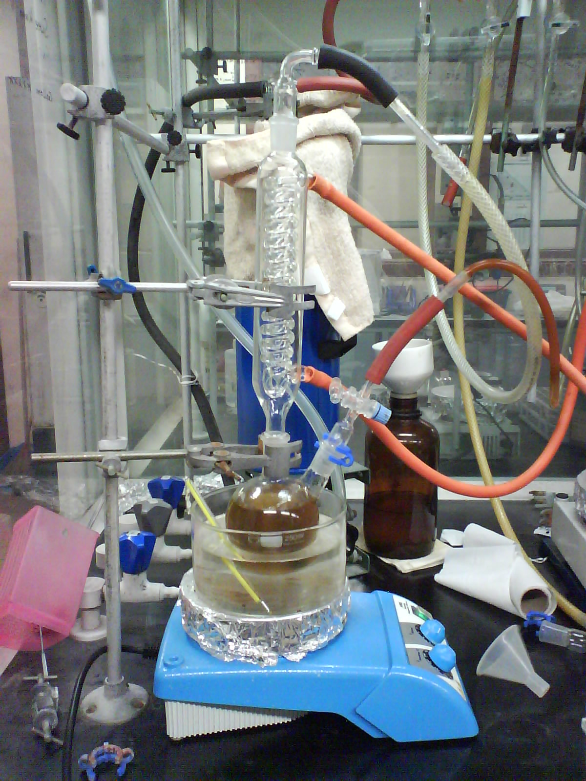 Before: Toluene is refluxed with sodium-benzophenone to dry and deoxygenate it.