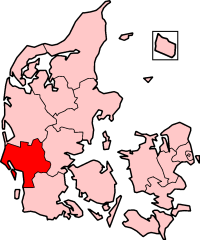 Localização do condado de Ribe na Dinamarca.