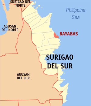 Mapa han Surigao del Sur nga nagpapakita kon hain nahamutang an Bayabas