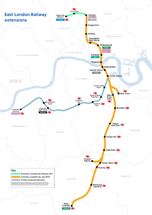 Tracé de la East London Line et de ses prolongements ELLX