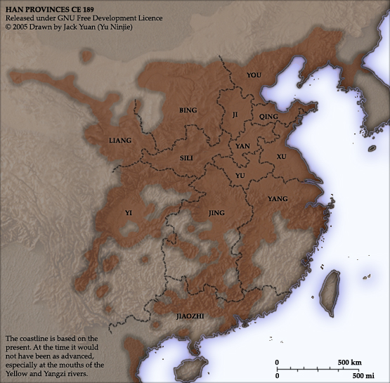 Thirteen Provinces (plus Sili) of the Eastern Han dynasty in 189 CE.