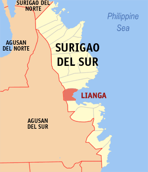 Mapa sa Surigao del Sur nga nagpakita kon asa nahimutang ang Lianga