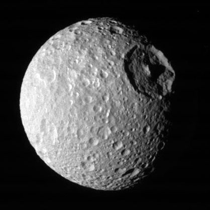 Mimas, as imaged by Voyager 1 in 1980 (NASA)