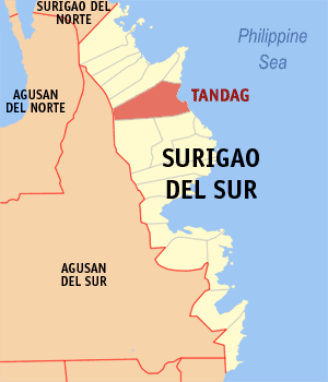 Mapa sa Surigao del Sur nga nagpakita kon asa nahimutang ang Dakbayan sa Tandag