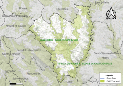 Carte de la ZNIEFF de type 2 sur la commune.