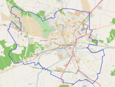 Mapa konturowa Gorzowa Wielkopolskiego, blisko centrum u góry znajduje się punkt z opisem „Archiwum Państwowe w Gorzowie Wielkopolskim”