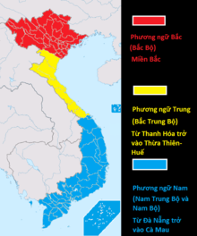 Bản đồ phân bố 3 vùng phương ngữ chính của tiếng Việt tại Việt Nam.