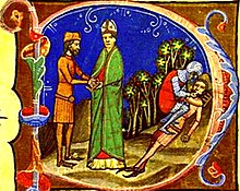 Illuminated manuscript with bishop, a man and a soldier blinding Peter