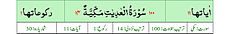 Qurʼon nusxalaridan biridagi Adiyat surasi sarlavhasi. Yuqorida oʻngdan: 1. Oyati 11, 2. Markazda qizil rangda sura tartib raqami 100, qora rangda - Adiyat surasi va Makkiy, qizil rangda nozil boʻlgan tartibi - 14, 3. Rukuʼsi soni - 1; Pastda oʻngdan: 1. Sura:Makkiy, 2. Tilovat tartibi:100, 3. Nozil boʻlish tartibi:14, 4. Rukuʼsi:1, 5. Oyati:11, 6. Porasi (Juzi):30 deb koʻrsatilgan.