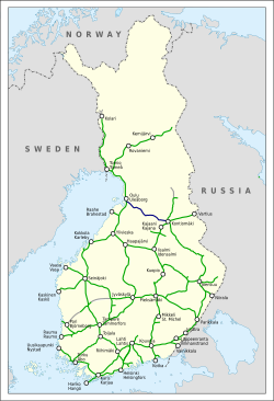 Oulu–Kontiomäki-rata sinisellä merkittynä.