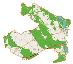 Mapa konturowa gminy Trzciel, blisko dolnej krawiędzi po prawej znajduje się punkt z opisem „Smolniki”