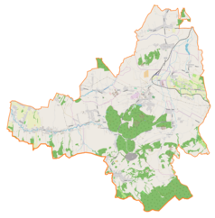 Mapa konturowa gminy Goleszów, na dole znajduje się punkt z opisem „Parafia Świętego Marcina”