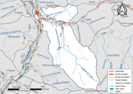 Carte en couleur présentant le réseau hydrographique de la commune