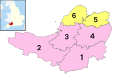 Image 23The ceremonial county immediately prior to the 2023 local government restructuring, with South Somerset (1), Somerset West and Taunton (2), Sedgemoor (3) and Mendip (4) as non-metropolitan districts (shown in pink), and just Bath and North East Somerset (5), and North Somerset (6) as unitary authorities (shown in yellow). (from Somerset)