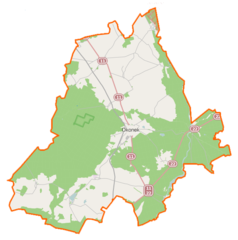 Mapa konturowa gminy Okonek, u góry nieco na prawo znajduje się punkt z opisem „Węgorzewo”