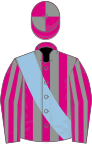 Cerise and grey stripes, quartered cap, light blue sash