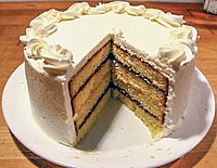 A layer cake with buttercream icing and decorations