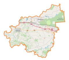 Mapa konturowa powiatu wielickiego, po lewej nieco na dole znajduje się punkt z opisem „Klin”