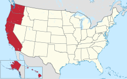 Location of the West Coast (red) in the United States (tan) as defined by the Census Bureau