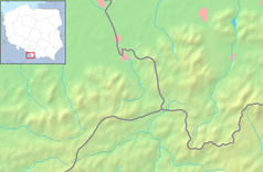 Mapa konturowa Beskidu Śląskiego, u góry po prawej znajduje się czarny trójkącik z opisem „Magura”