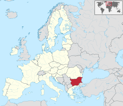 Localização da Bulgária (em vermelho) No continente europeu (em cinza) Na União Europeia (em branco)