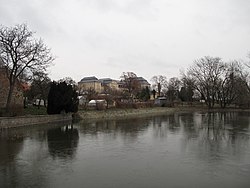 Rybník v obci, v pozadí místní zámek