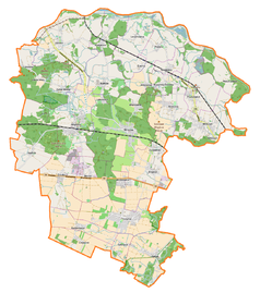 Mapa konturowa gminy Miękinia, blisko centrum u góry znajduje się punkt z opisem „Wojnowice”