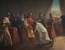 An 1883 painting showing Muhammad I kissing the hand of Ferdinand III of Castile, while surrendering Jaén and agreeing to be his vassal.