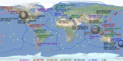 ☎∈ Map of notable volcanic eruptions. The apparent volume of each bubbles is linearly proportional to the volume of tephra ejected (i.e. their radius is linearly proportional to the cube root of the volume of tephra ejected), colour-coded by time of eruption as in the legend. Pink lines denote convergent boundaries, blue lines denote divergent boundaries and yellow spots denote hotspots. The dashed circle shows the equivalent ejection from the Chicxulub impact (200000+ km³).