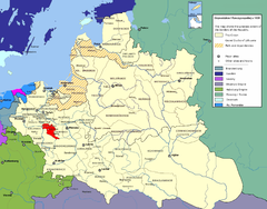 Mapa mostrando a localização da voivodia de Łęczyca (em vermelho) na República das Duas Nações.