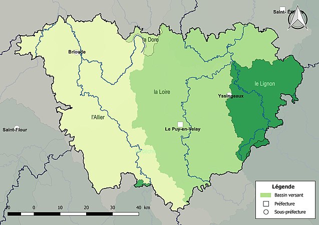 Les principaux bassins versants de la Haute-Loire : Loire, Allier, Lignon et Dore.