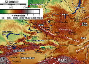 Beragkeeden faan Altai (boowen) an Tienschan (lachts)