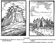 Vision néerlandaise : « le redoutable fort de Douaumont d'après les communiqués allemands ; la maison forte de Douaumont d'après les communiqués français. »