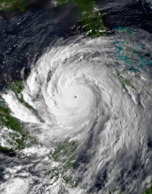 This is a NOAA CLASS image of Hurricane Gilbert near peak intensity. Gilbert was the strongest Atlantic hurricane until it was surpassed by Hurricane Wilma in 2005.