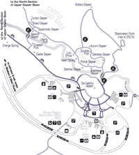 Map shows Old faithful is near other geysers, a visitor center and lodging.