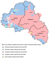 Ethnic map of Harghita, Covasna and Mureș based on the 1992 data, showing areas with Hungarian majority