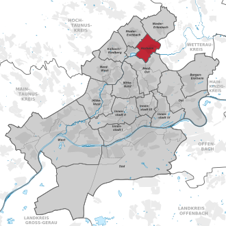 Carte situant l'arrondissement (en rouge) au sein du reste de la ville (en gris)