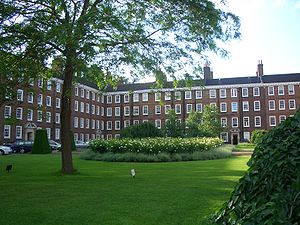 A grassy foreground, with a tall tree and shrubs, with a terrace of red brick buildings in the background and left side