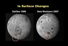 In the New Horizons image (from 2007), a small area of dark material is present in a bright region near the bottom; this area was not present in the Galileo image (from 1999).